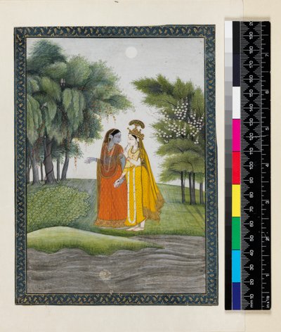Krishna und Radha spazieren im Mondlicht am Jumna entlang, nachdem sie die Kleider getauscht haben, aus dem 