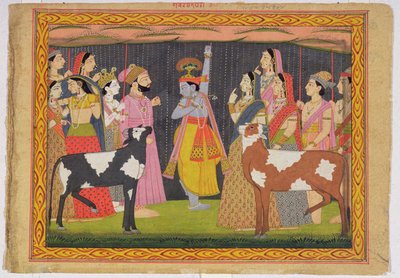 Krishna hebt den Berg Govardhana, aus dem Bhagavata Purana, Kulu, Himachal Pradesh, 1749 von Pahari School