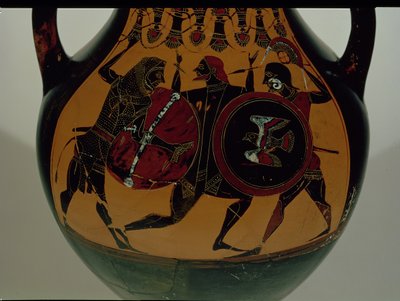 Attische schwarzfigurige Amphore, dekoriert mit einer Szene von Herakles im Löwenfell, der gegen Cycnus kämpft, ca. 540 v. Chr. (Keramik) von Painter of Berlin
