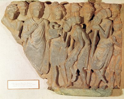 Der Sieg über die Schlange, Relief, das Buddha zeigt, wie er die gefürchtete Schlange den erstaunten Brahmanen präsentiert, griechisch-buddhistischer Stil, 1.-4. Jahrhundert von Pakistani School