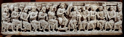 Paläochristliche Kunst: geschnitzter Sarkophag, der Christus lehrend darstellt. aus Ain von Paleo Christian