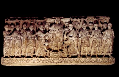 Paläochristliche Kunst: geschnitzter Sarkophag, der Christus mit den Aposteln darstellt. aus der Basilika St. Peter in Rom, Mausoleum der Anicii. 390-400 n. Chr. Paris, Louvre Museum von Paleo Christian