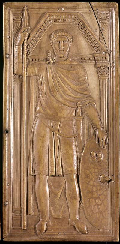 Stilicho in Rüstung, General, Patrizier und Konsul des Weströmischen Reiches. Rechtes Panel des Dyptichons von Stilicho (Elfenbeinskulptur, ca. 395) von Paleo Christian