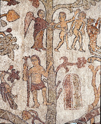 Adam und Eva vertreiben aus dem Paradies. Mosaik von Pantaleone, Priester und Mosaist. 1163-1166. Mittelschiff der Kathedrale von Otranto von Pantaleon