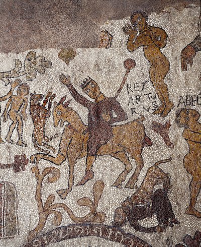 Darstellung von König Artus und Perceval. Mosaik von Pantaleone, Priester und Mosaikkünstler. 1163-1166. Mittelschiff der Kathedrale von Otranto, Italien von Pantaleon Pantaleon