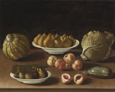 Stillleben mit Birnen, Pfirsichen, Feigen, einer Melone, Kohl und Mark von Paolo Antonio Barbieri