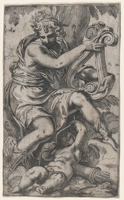 Cupid und Apollo mit einer Lyra von Paolo Farinati