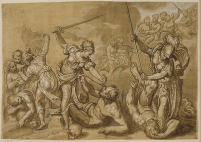 Gerechtigkeit, Merkur und Minerva besiegen die Laster, während eine Gruppe Göttinnen aus den Wolken zuschaut von Paolo Farinati