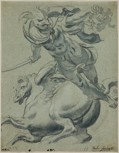 Perseus hält den Kopf der Medusa, mit Pegasus im Hintergrund von Paolo Farinati