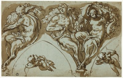 Studie für Spandrillen-Dekoration mit Satyresse, Satyrn und Putti (recto); Kopf eines Putto (verso) von Paolo Farinati