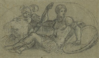 Sitzende männliche Figur mit Putto und Rüstung von Paris Bordone