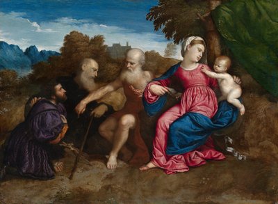 Die Jungfrau Maria und das Kind mit den Heiligen Hieronymus und Antonius Abt und einem Stifter, ca. 1522 von Paris Bordone