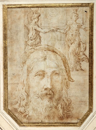 Selbstporträt, überlagert auf Vorstudien für zwei Canephori der Steccata von Parmigianino