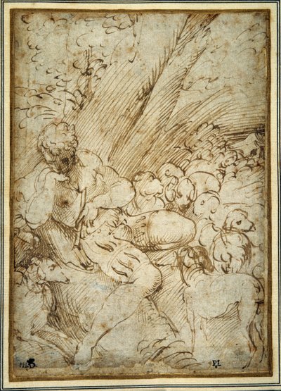 Hirtenjunge mit einer Pfeife, ruht unter einem Baum mit seinem Hund und ihrer Herde von Parmigianino