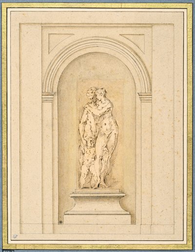 Zwei Figuren und ein Amor umgeben von einem späteren architektonischen Rahmen von Parmigianino