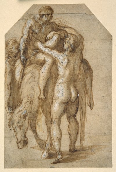 Zwei nackte Männer heben einen kranken Mann von einem müden Pferd von Parmigianino
