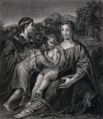 Heilige Maria (die gesegnete Jungfrau) mit dem Christuskind, Johannes dem Täufer und Maria Magdalena. Gravur nach G.F.M. Mazzola, il Parmigianino. von Parmigianino
