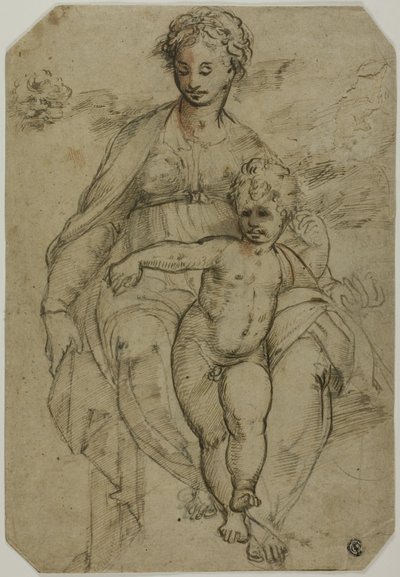 Jungfrau und Kind (recto); Skizze von drei Heiligen und Karikatur-Skizze (verso) von Parmigianino