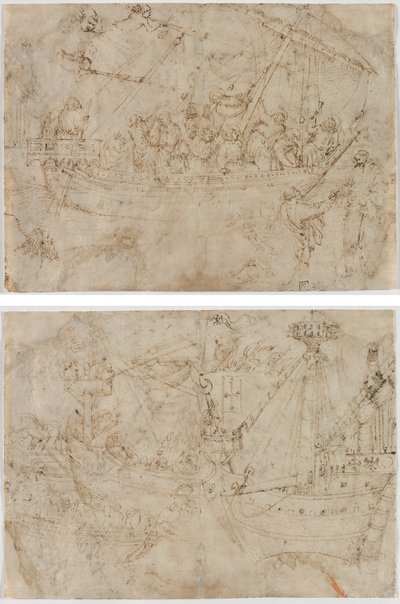 Navicella (recto) Zwei Zeichnungen von Schiffen (verso) von Parri Spinelli
