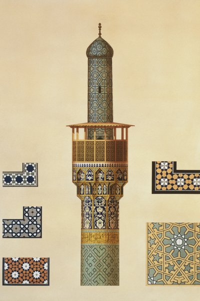Ein Minarett und Keramikdetails aus der Moschee der Medrese-i-Shah-Hussein, Isfahan, Tafel 24-25 aus 