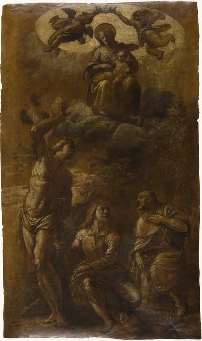 Jungfrau und Kind in Herrlichkeit mit den Heiligen Sebastian, Johannes dem Evangelisten und Rochus von Pasquale Ottino