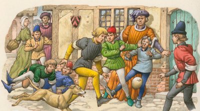 Spiel ähnlich wie Fußball im Mittelalter von Pat (1907-95) Nicolle