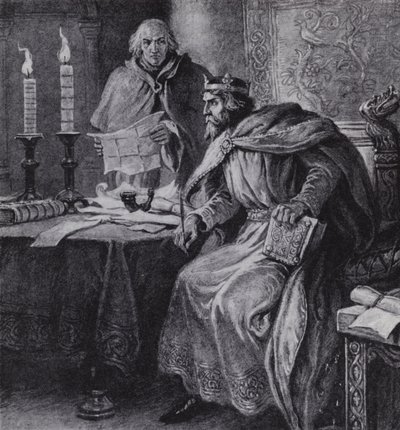 Alfred der Große, König von Wessex, und seine Kerzenuhren (Lithografie) von Paul (after) Hardy