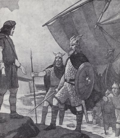 Die Brüder Hengist und Horsa kommen während der Invasion der Angeln, Sachsen und Jüten im 5. Jahrhundert in Ebbsfleet, Isle of Thanet, Kent, an (Lithografie) von Paul (after) Hardy