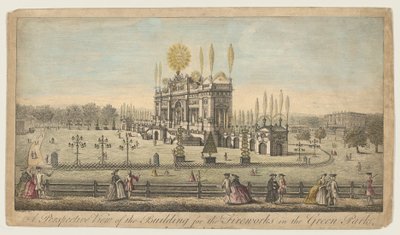 Eine perspektivische Ansicht des Gebäudes für das Feuerwerk im Green Park, London von Paul Angier