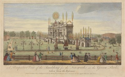 Eine perspektivische Ansicht des Gebäudes für das Feuerwerk im Green Park, vom Reservoir aus gesehen von Paul Angier