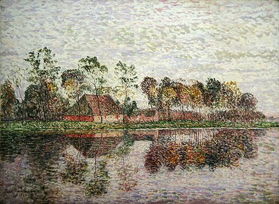 Süddeutscher Bauernhof mit vielen Bäumen und einem Fluss von Paul Baum
