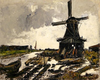 Holland, eine Kanallandschaft mit einer Holzsägemühle, ca. 1885 von Paul Baum