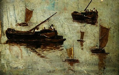 Zwei Lastkähne und vier kleine Segelboote auf dem Wasser von Paul Baum