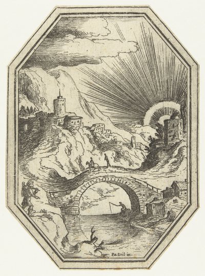 Landschaft mit Steinbrücke im achteckigen Rahmen von Paul Bril