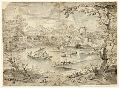 Stadtansicht mit Fischerboot im Vordergrund von Paul Bril