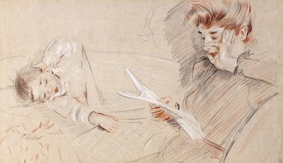 Madame Helleu liest, mit Paulette neben ihr auf einem Sofa liegend von Paul Cesar Helleu