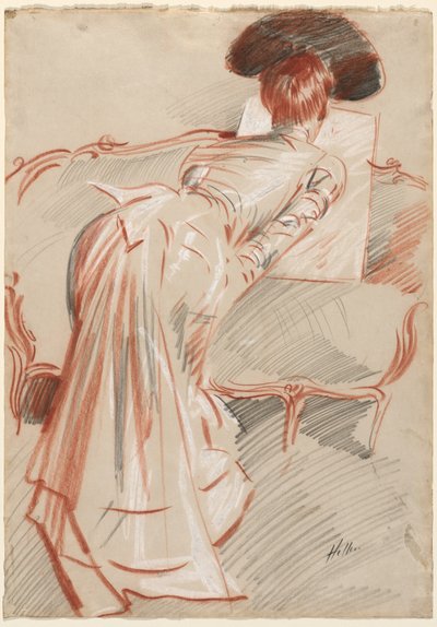Frau, möglicherweise Madame Alice Hellu, betrachtet eine Zeichnung, um 1895 von Paul Cesar Helleu