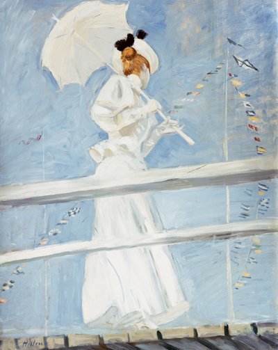 Junge Frau mit Sonnenschirm auf einem Steg von Paul Cesar Helleu
