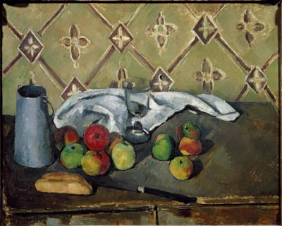 Früchte, Serviette und Milchbox von Paul Cézanne