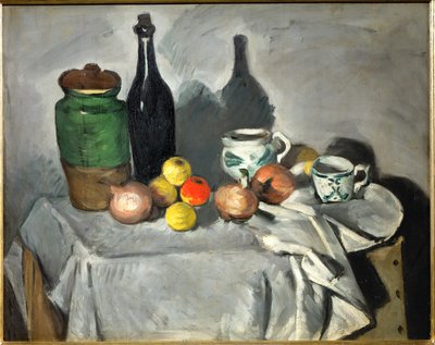 Stillleben: Töpfe, Flasche, Tasse und Obst von Paul Cezanne
