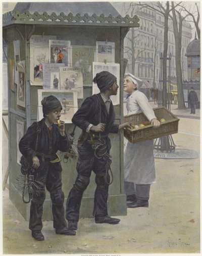 Zwei junge Schornsteinfeger stehlen Kuchen aus einem Bäckerkorb von Paul Charles Chocarne Moreau