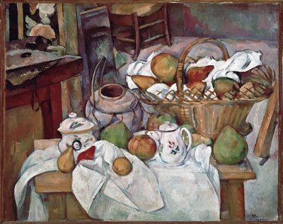 Küchentisch oder Stillleben mit Korb von Paul Cézanne