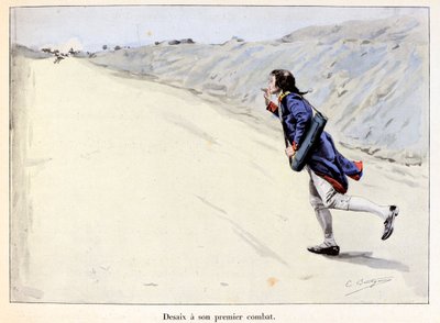 Desaix hat seinen ersten Kampf: Charles Antoine Desaix de Veygoux (1768-1800) nimmt einen Gefangenen in Landau in der Pfalz (Deutschland) gefangen, während die Armee sich zurückzieht - Illustration von Emile Boutigny (1853-1929) in „Hoche-Marceau-Desaix“ v von Paul Émile Boutigny