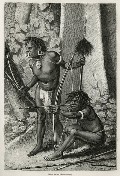 Porträts von zwei Papuas Karons, Kannibalen, Gravur von E. Mesples, zur Illustration der Reise nach Neuguinea von Achille Raffray, beauftragt mit einer wissenschaftlichen Mission durch das Ministerium für öffentliche Bildung, 1876-1877, veröffentlicht in „ von Paul Eugene (after) Mesples