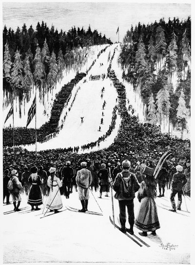 Ski: Das norwegische Derby, das Skirennen - Zeichnung von Paul Fisher, Feb. 1900, Bibl. des Arts Deco von Paul Fischer