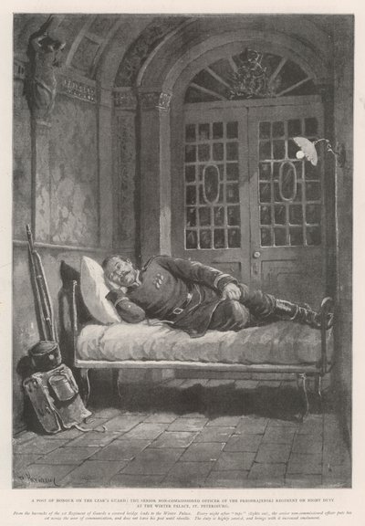 Ein Ehrenposten bei der Garde des Zaren, der ranghöchste Unteroffizier des Preobrajenski-Regiments im Nachtdienst im Winterpalast, St. Petersburg von Paul Frenzeny