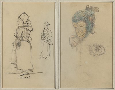 Eine bretonische Frau und ein stehender Mann; Kopf und Hand eines Affen von Paul Gauguin