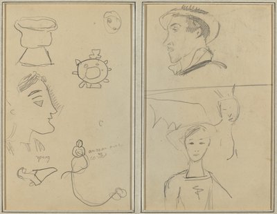 Eine Karikatur und fünf Formen; Ein Mann im Profil, ein geflügeltes Wesen und ein Junge [verso] von Paul Gauguin