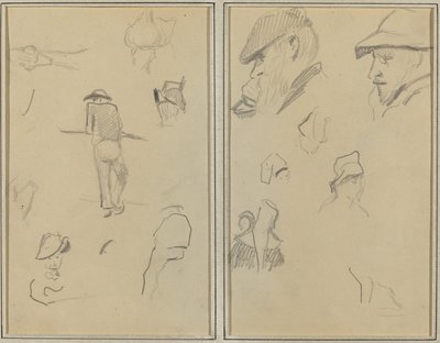 Ein Mann, der sich an eine Wand lehnt, mit fünf weiteren Studien; Zwei bärtige Männer mit Hüten und fünf weiteren Studien [recto] von Paul Gauguin