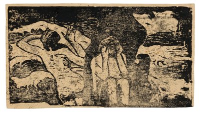 An den schwarzen Felsen, aus der Suite der späten Holzschnitte von Paul Gauguin